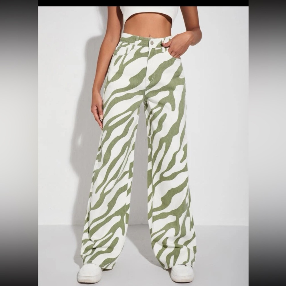 Shein Wide Leg Green and White Abstract Jeans